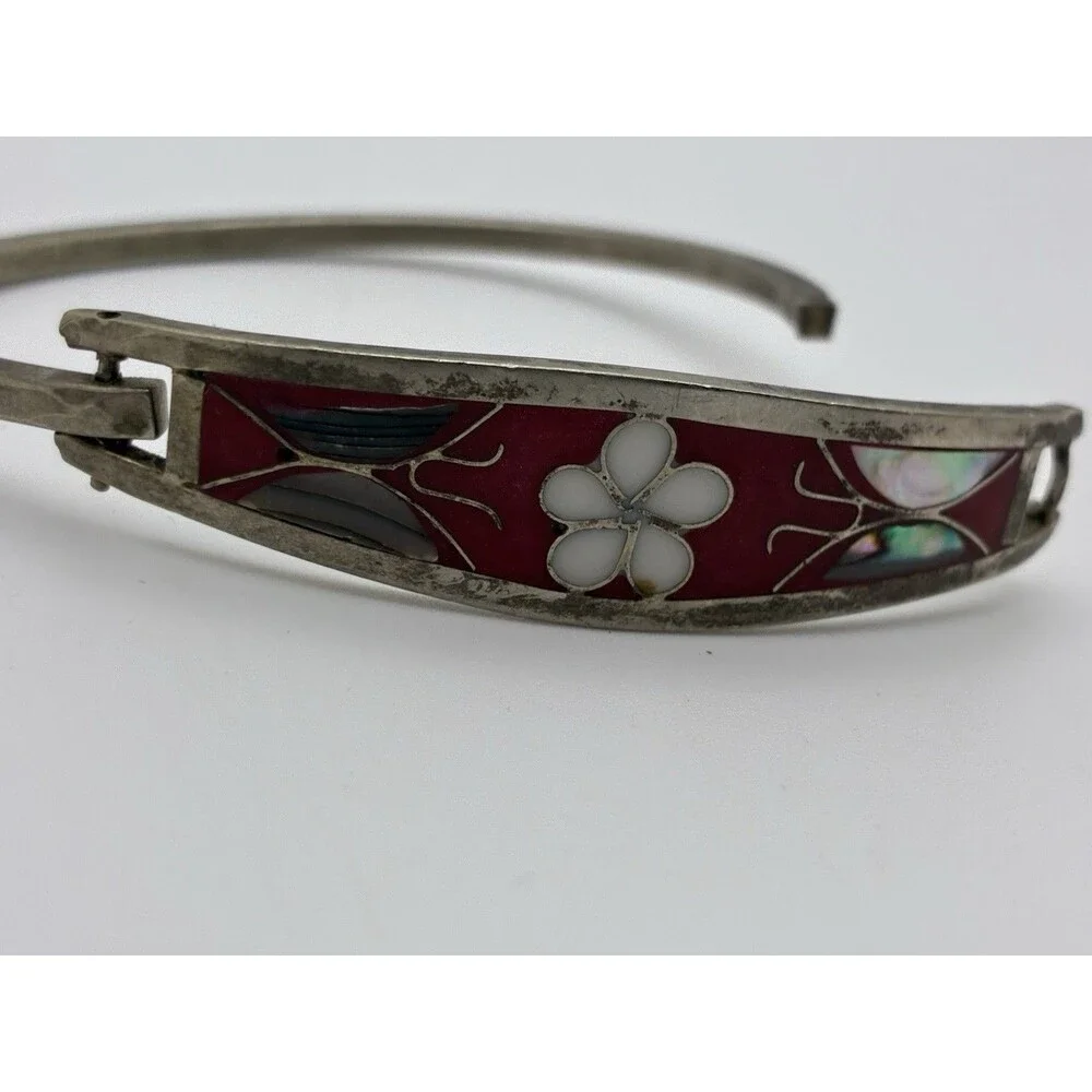 Taxco Mexico Alpaca Red Abalone Flower & Butterflies Bangle Bracelet VTG 6.75”